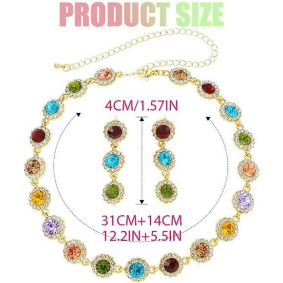Colorful Crystal Jewelry Set Necklace Earrings Rhinestone Sparkly Party Gift Wom - Picture 3 of 7